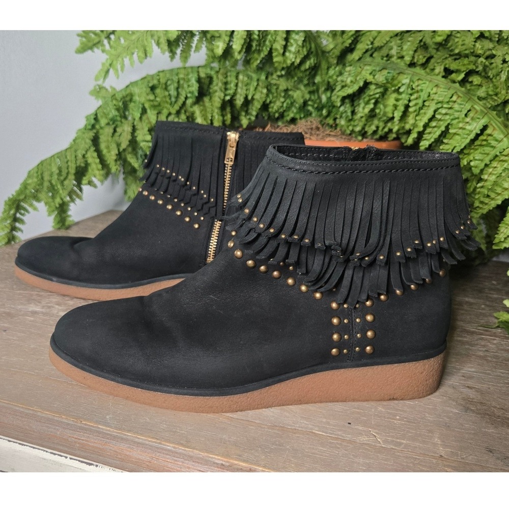 UGG Black Fringe Studded Wedge Ankle Boots Booties Size 8.5 Western Boho